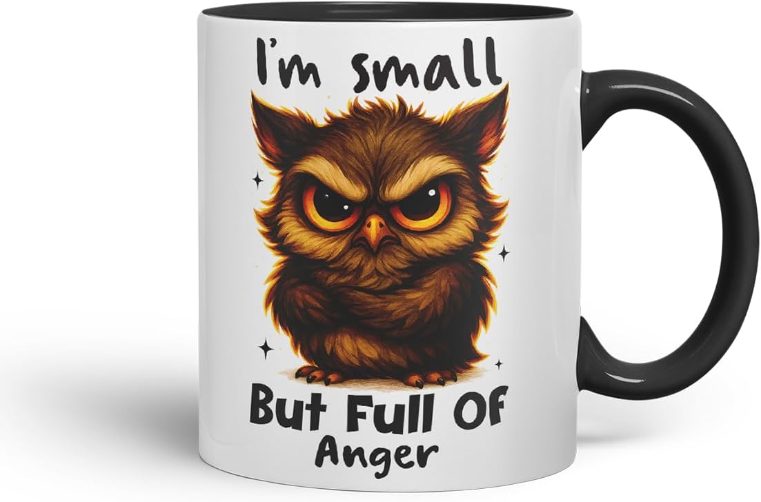Vixar I'm Small But Full of Anger Sarcastic Owl – Coloured Ceramic Mug Cup Gift, 11oz (Black)