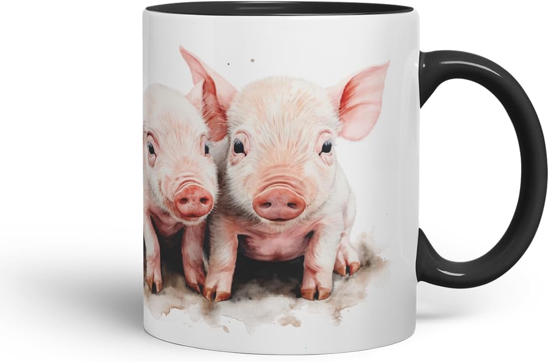 Vixar Watercolour Piglets Farm Pig aninams Mug – Coloured Ceramic Mug Cup Gift, 11oz (Black)