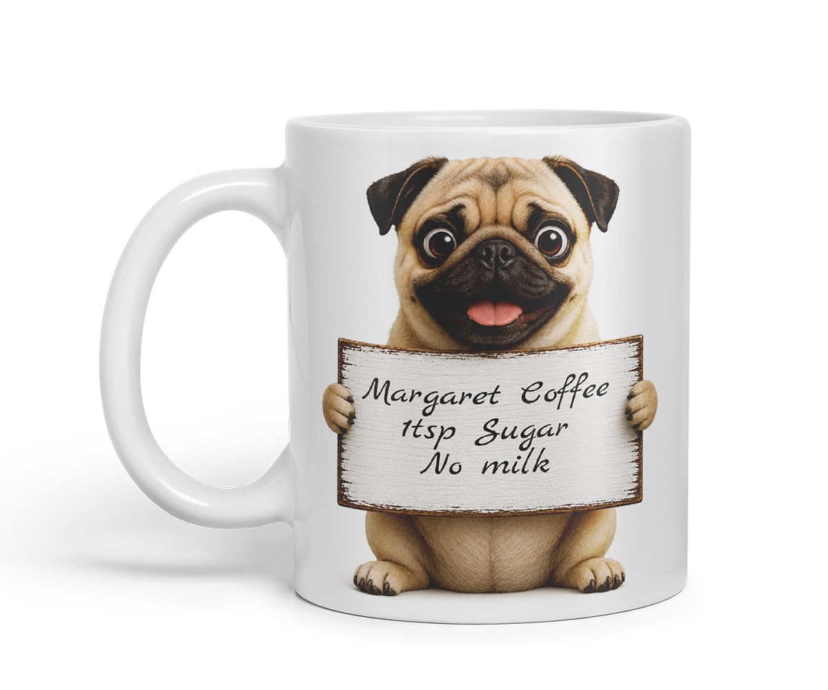 Vixar Personalised Pug Mug with Name or Custom Message – Cute Animal Coloured Ceramic Mug Cup Gift, 11oz (Black)