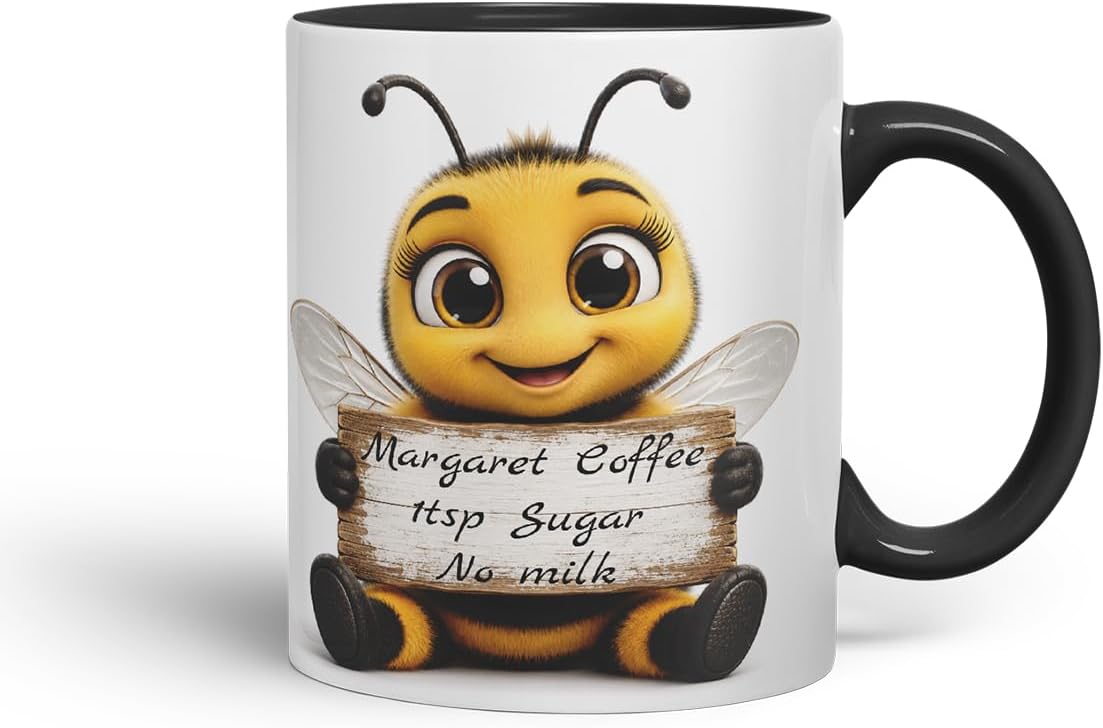 Vixar Personalised Bee Mug with Name or Custom Message – Cute Animal Coloured Ceramic Mug Cup Gift, 11oz (Black)