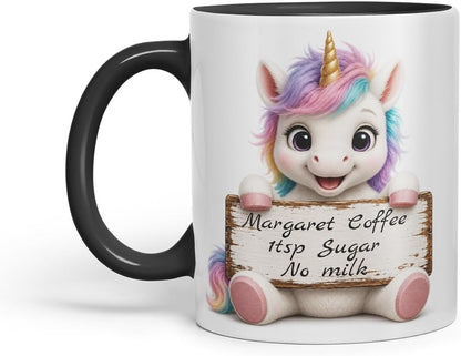 Vixar Personalised Pastel Unicorn Mug with Name or Custom Message – Cute Animal Coloured Ceramic Mug Cup Gift, 11oz (Black)
