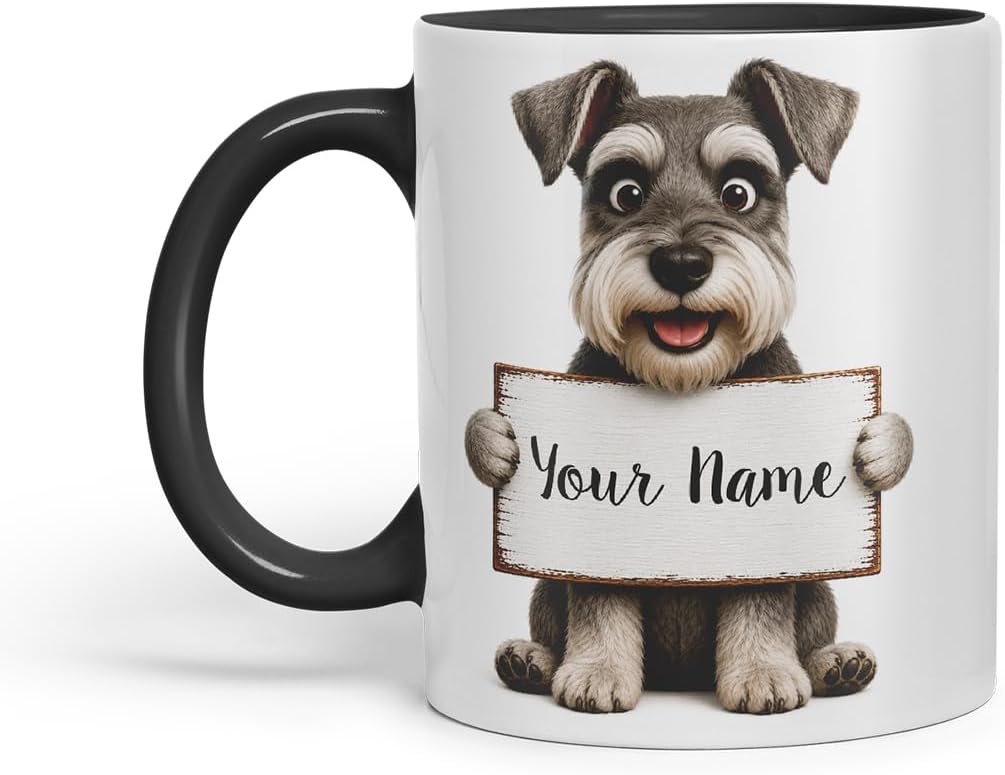 Vixar Personalised Schnauzer Mug with Name or Custom Message – Cute Animal Coloured Ceramic Mug Cup Gift, 11oz (Black)