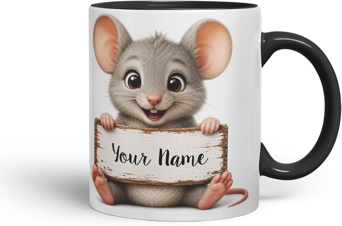 Vixar Personalised Mouse Mug with Name or Custom Message – Cute Animal Coloured Ceramic Mug Cup Gift, 11oz (Black)