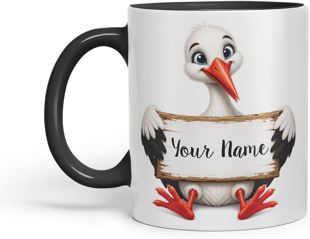 Vixar Personalised Stork Mug with Name or Custom Message – Cute Animal Coloured Ceramic Mug Cup Gift, 11oz (Black)