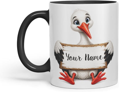 Vixar Personalised Stork Mug with Name or Custom Message – Cute Animal Coloured Ceramic Mug Cup Gift, 11oz (Black)