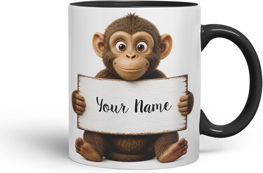 Vixar Personalised Monkey Mug with Name or Custom Message – Cute Animal Coloured Ceramic Mug Cup Gift, 11oz (Black)