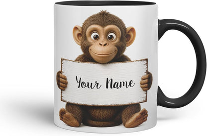Vixar Personalised Monkey Mug with Name or Custom Message – Cute Animal Coloured Ceramic Mug Cup Gift, 11oz (Black)