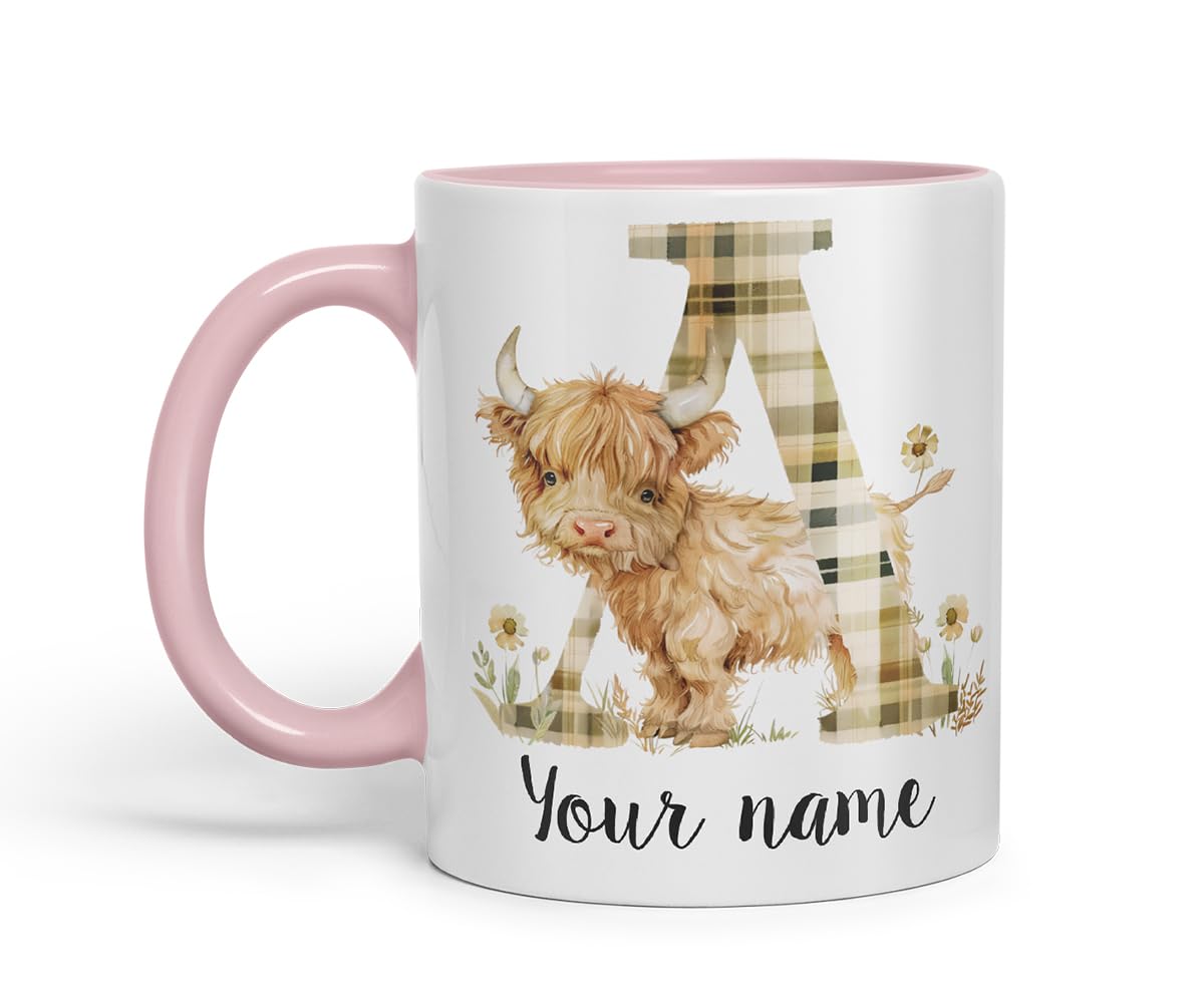 Vixar Personalised Highland Cow Initial Letter A Custom Name Mug – Coloured Ceramic Mug Cup Gift, 11oz (Black)