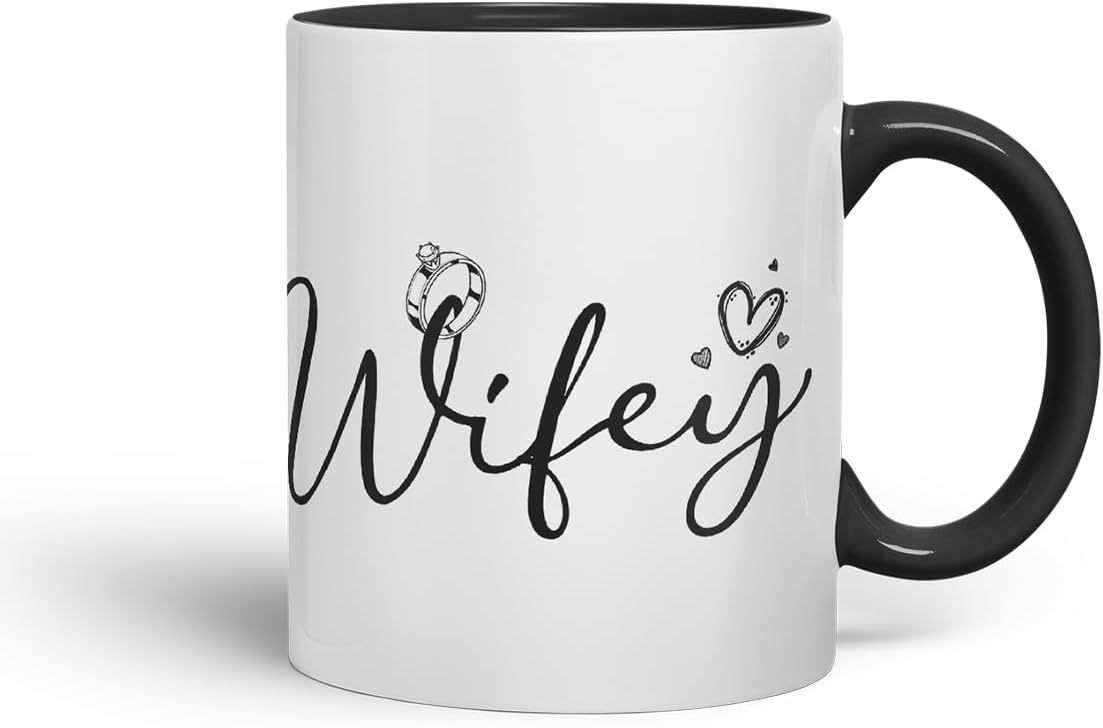 Vixar Wifey Script Wedding Ring Couple Mug – Coloured Ceramic Mug Cup Gift, 11oz (Black)