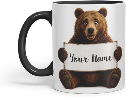 Vixar Personalised Bear Mug with Name or Custom Message – Cute Animal Coloured Ceramic Mug Cup Gift, 11oz (Black)
