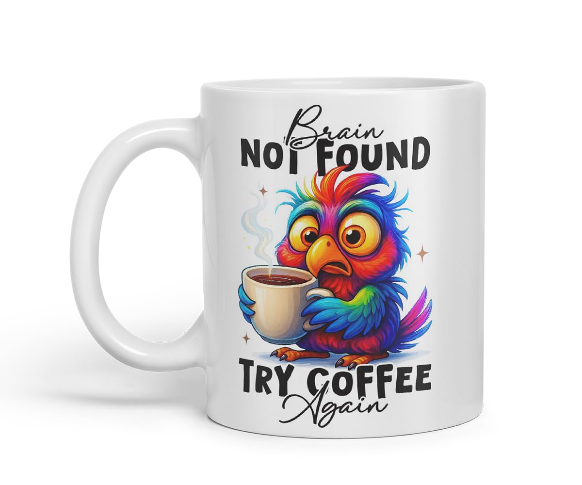 Vixar Brain Not Found Try Coffee Again Funny Bird Coffee Mug – Coloured Ceramic Mug Cup Gift, 11oz (Black)