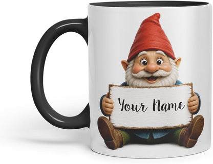 Vixar Personalised Gnome Mug with Name or Custom Message – Cute Animal Coloured Ceramic Mug Cup Gift, 11oz (Black)