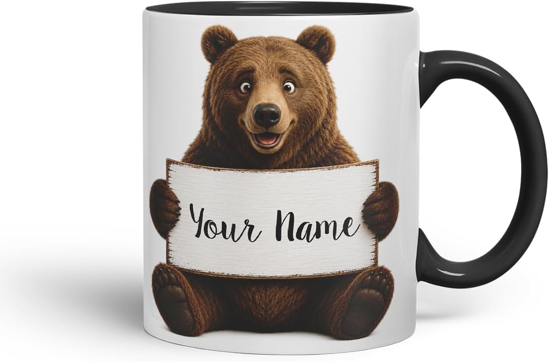 Vixar Personalised Bear Mug with Name or Custom Message – Cute Animal Coloured Ceramic Mug Cup Gift, 11oz (Black)