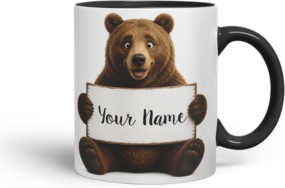 Vixar Personalised Bear Mug with Name or Custom Message – Cute Animal Coloured Ceramic Mug Cup Gift, 11oz (Black)