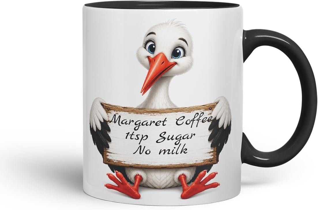 Vixar Personalised Stork Mug with Name or Custom Message – Cute Animal Coloured Ceramic Mug Cup Gift, 11oz (Black)