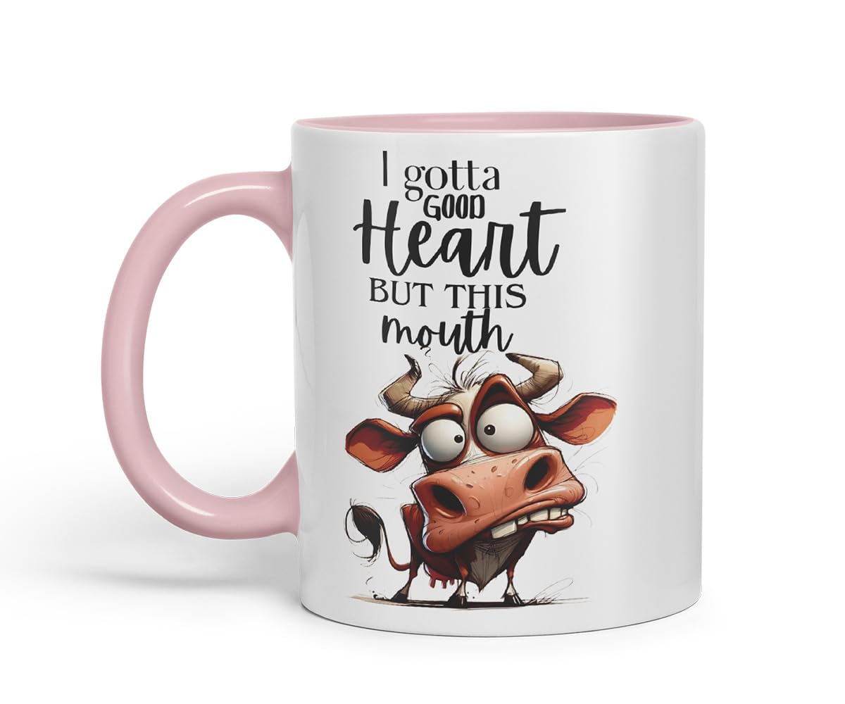 Vixar I Gotta Good Heart But This Mouth Funny Cow – Coloured Ceramic Mug Cup Gift, 11oz (Black)