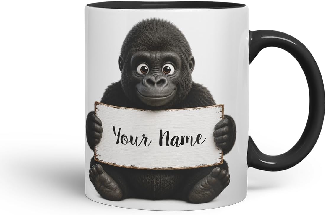 Vixar Personalised Gorilla Mug with Name or Custom Message – Cute Animal Coloured Ceramic Mug Cup Gift, 11oz (Black)