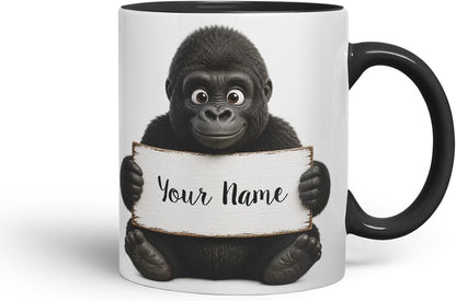 Vixar Personalised Gorilla Mug with Name or Custom Message – Cute Animal Coloured Ceramic Mug Cup Gift, 11oz (Black)