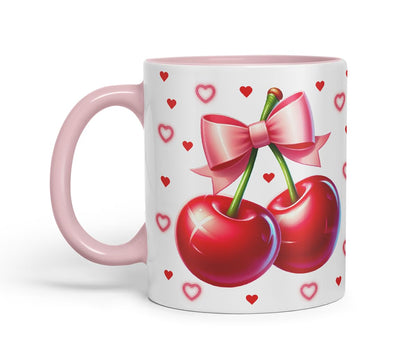 Vixar Cute Cherry Hearts Bow Mug – Coloured Ceramic Mug Cup Gift, 11oz (Black)