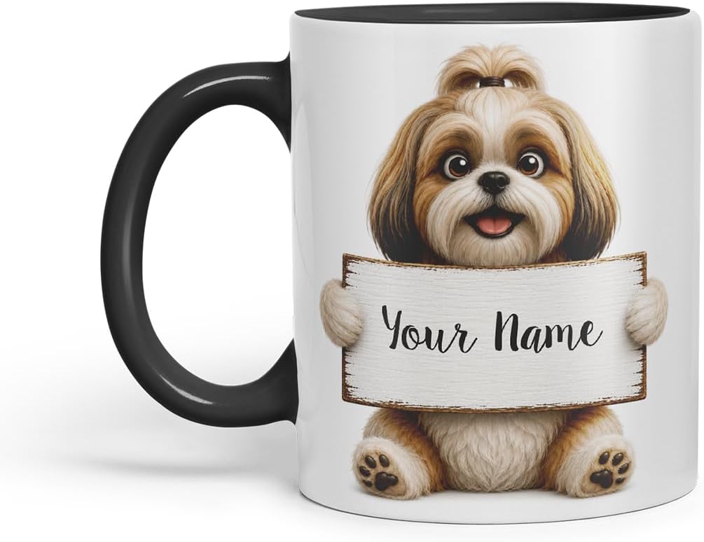 Vixar Personalised Shih Tzu Mug with Name or Custom Message – Cute Animal Coloured Ceramic Mug Cup Gift, 11oz (Black)