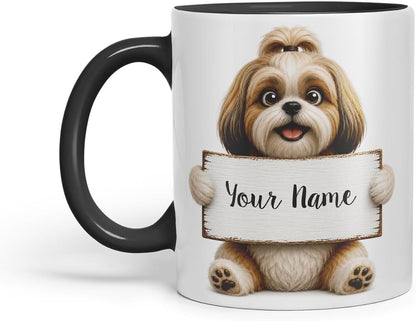 Vixar Personalised Shih Tzu Mug with Name or Custom Message – Cute Animal Coloured Ceramic Mug Cup Gift, 11oz (Black)