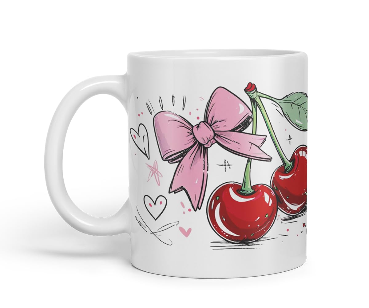 Vixar Cherry Pink Bow Mug – Coloured Ceramic Mug Cup Gift, 11oz (Black)