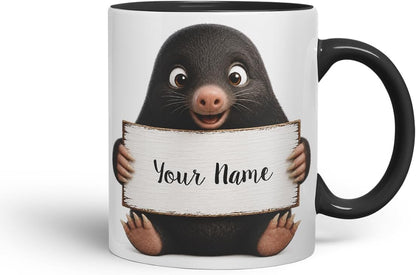 Vixar Personalised Mole Mug with Name or Custom Message – Cute Animal Coloured Ceramic Mug Cup Gift, 11oz (Black)