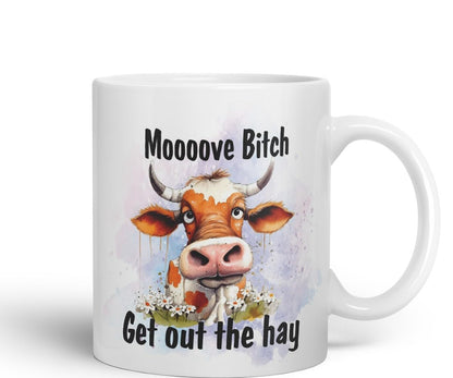 Vixar Moooove Bit.. Get Out The Hay Cow Joke Coloured Ceramic Mug Cup Gift, 11oz (Black)