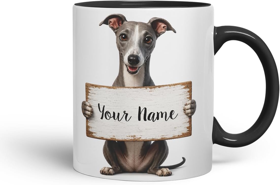 Vixar Personalised Greyhound Mug with Name or Custom Message – Cute Animal Coloured Ceramic Mug Cup Gift, 11oz (Black)