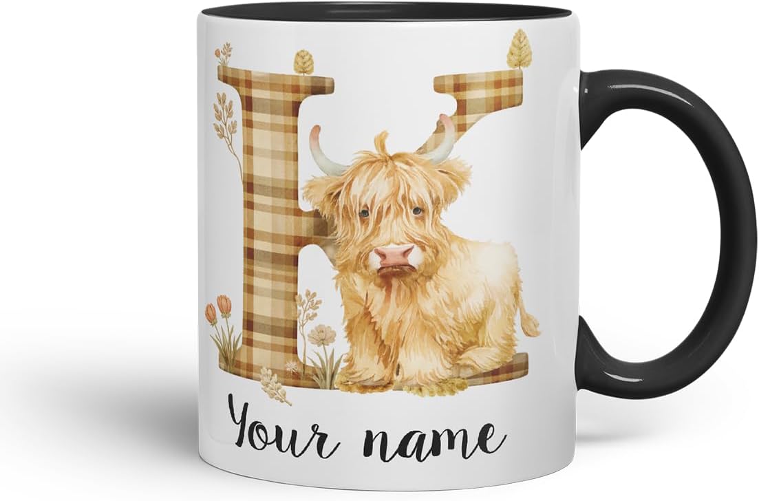 Vixar Personalised Highland Cow Initial Letter K Custom Name Mug – Coloured Ceramic Mug Cup Gift, 11oz (Black)