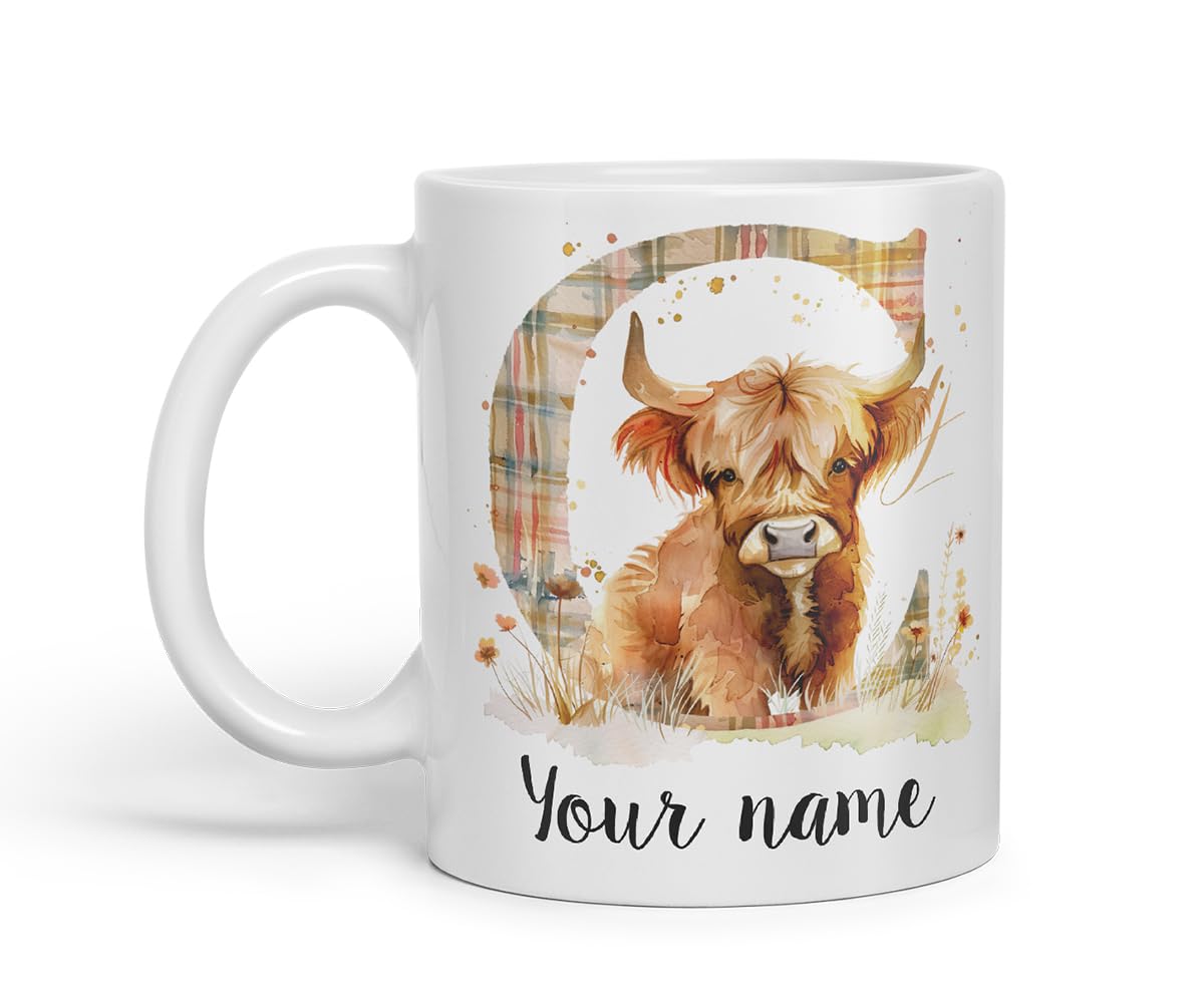 Vixar Personalised Highland Cow Initial Letter C Custom Name Mug – Coloured Ceramic Mug Cup Gift, 11oz (Black)