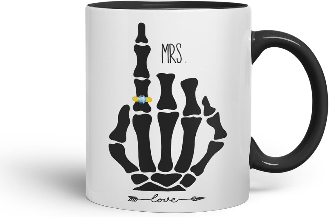 Vixar Mrs Skeleton Hand Wedding Ring Couple Mug – Coloured Ceramic Mug Cup Gift, 11oz (Black)