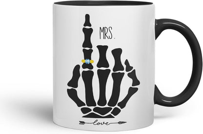 Vixar Mrs Skeleton Hand Wedding Ring Couple Mug – Coloured Ceramic Mug Cup Gift, 11oz (Black)