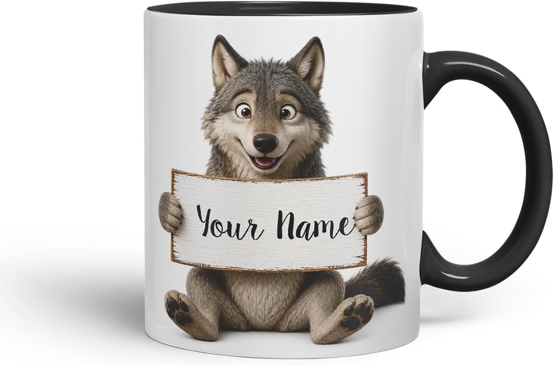 Vixar Personalised Wolf Mug with Name or Custom Message – Cute Animal Coloured Ceramic Mug Cup Gift, 11oz (Black)