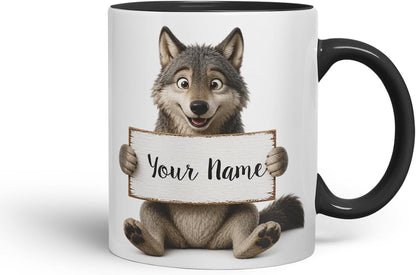 Vixar Personalised Wolf Mug with Name or Custom Message – Cute Animal Coloured Ceramic Mug Cup Gift, 11oz (Black)