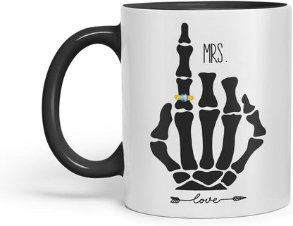 Vixar Mrs Skeleton Hand Wedding Ring Couple Mug – Coloured Ceramic Mug Cup Gift, 11oz (Black)