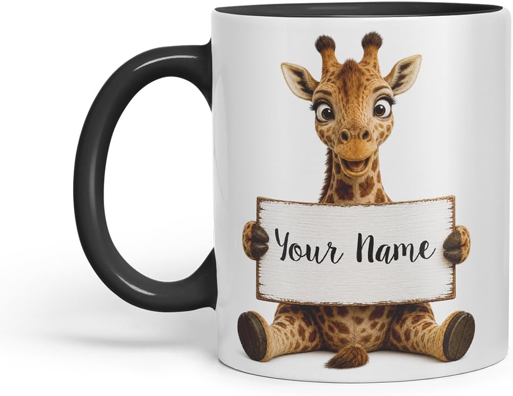 Vixar Personalised Giraffe Mug with Name or Custom Message – Cute Animal Coloured Ceramic Mug Cup Gift, 11oz (Black)