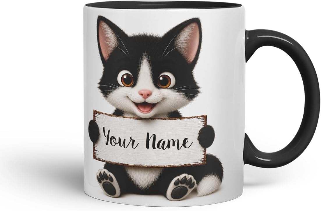 Vixar Personalised Black and White Cat Mug with Name or Custom Message – Cute Animal Coloured Ceramic Mug Cup Gift, 11oz (Black)