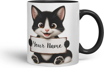 Vixar Personalised Black and White Cat Mug with Name or Custom Message – Cute Animal Coloured Ceramic Mug Cup Gift, 11oz (Black)