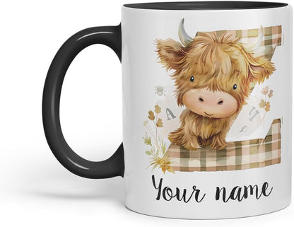 Vixar Personalised Highland Cow Initial Letter Z Custom Name Mug – Coloured Ceramic Mug Cup Gift, 11oz (Black)