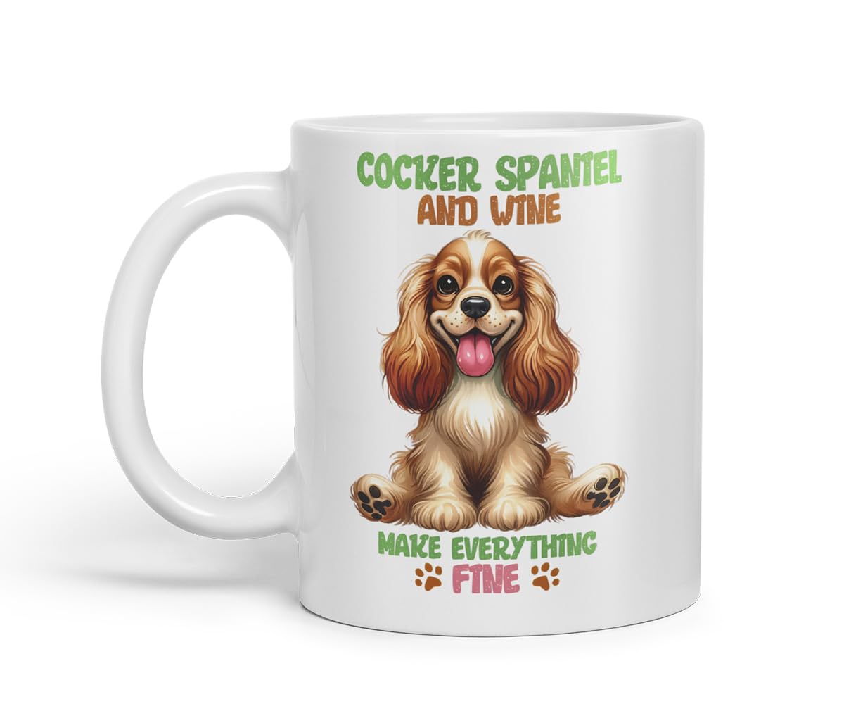 Vixar Cocker Spaniel and Wine Make Everything Fine Dog Mug – Coloured Ceramic Mug Cup Gift, 11oz (Black)