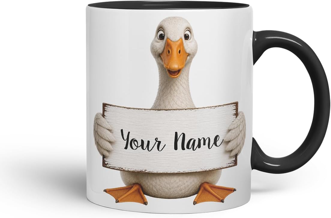 Vixar Personalised Goose Mug with Name or Custom Message – Cute Animal Coloured Ceramic Mug Cup Gift, 11oz (Black)