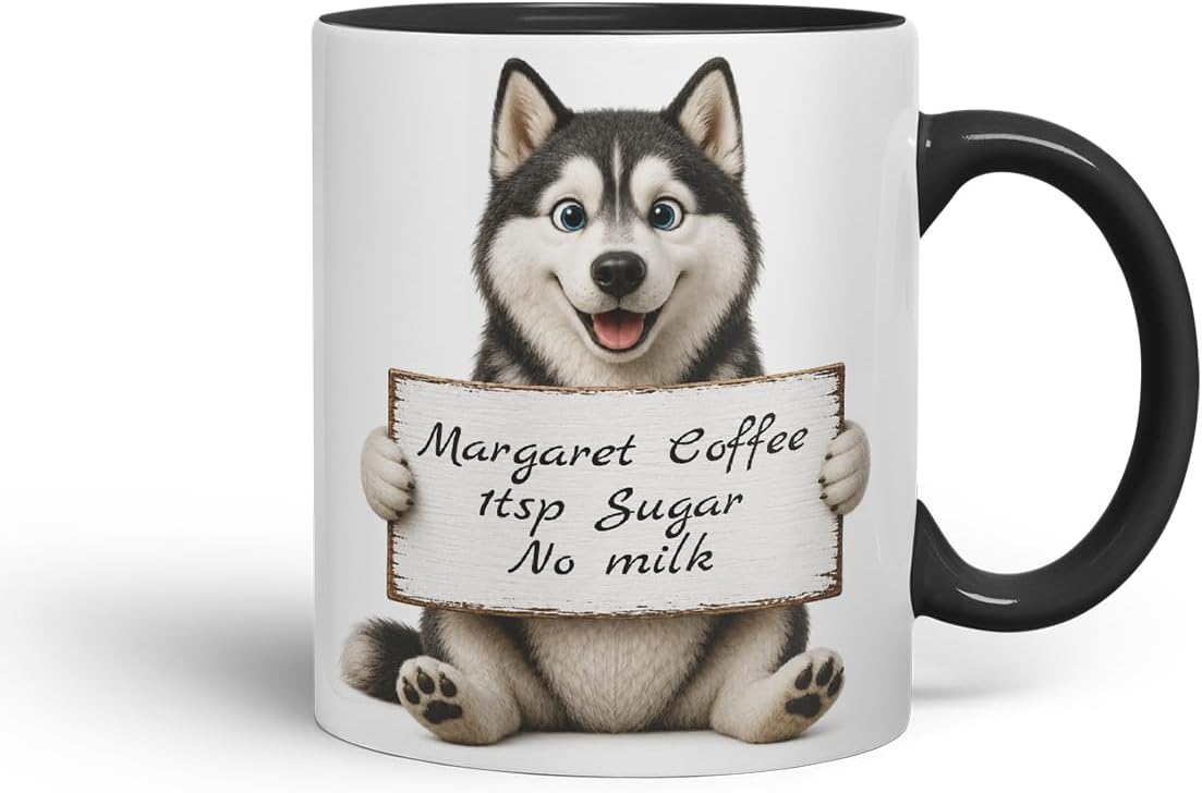 Vixar Personalised Husky Mug with Name or Custom Message – Cute Animal Coloured Ceramic Mug Cup Gift, 11oz (Black)
