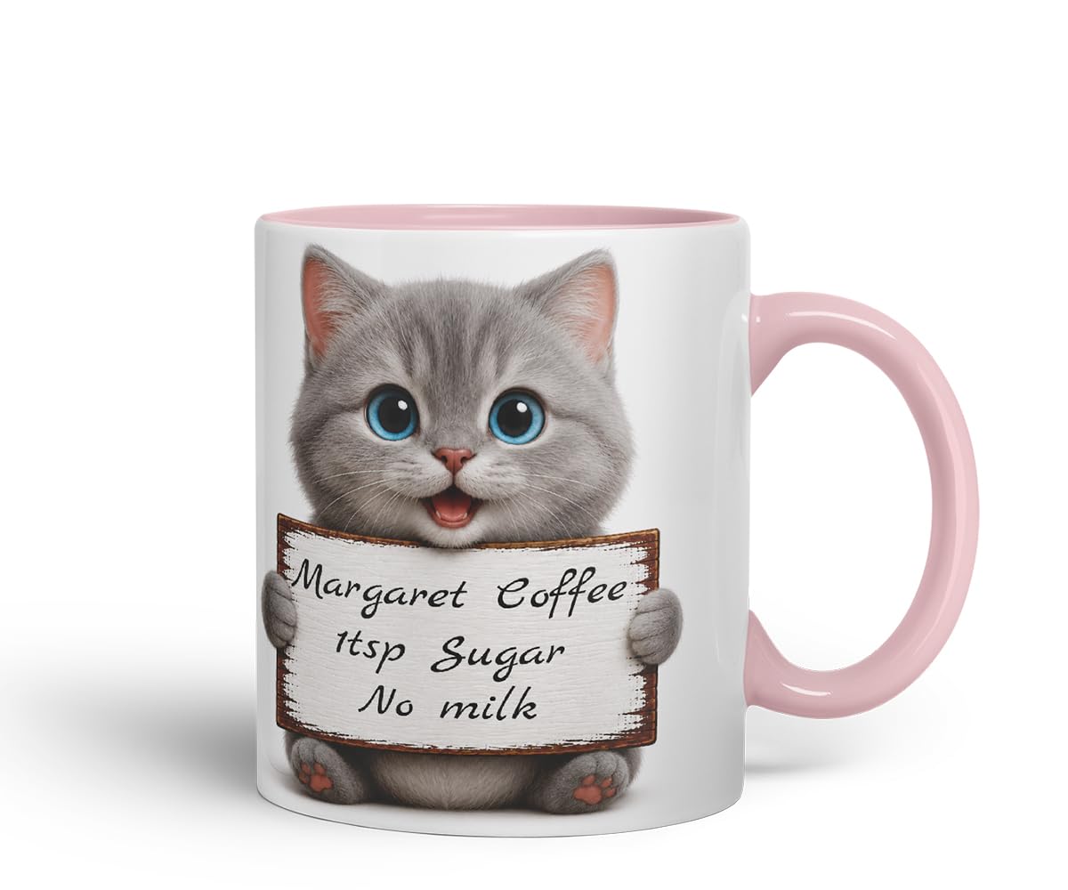 Vixar Personalised Grey Kitten Mug with Name or Custom Message – Cute Animal Coloured Ceramic Mug Cup Gift, 11oz (Black)