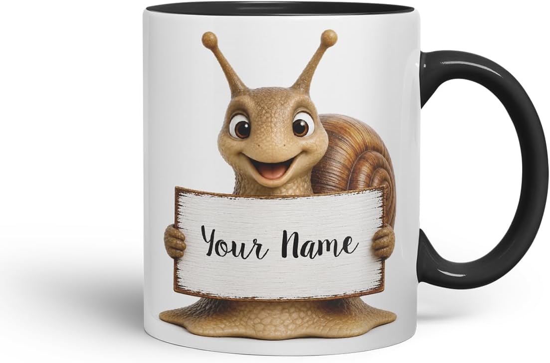 Vixar Personalised Snail Mug with Name or Custom Message – Cute Animal Coloured Ceramic Mug Cup Gift, 11oz (Black)
