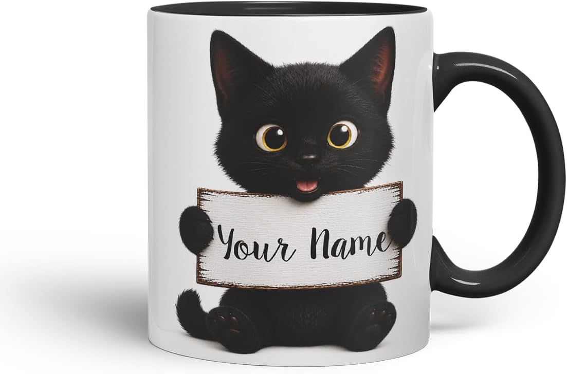 Vixar Personalised Cute Cat Mug with Name or Custom Message – Cute Animal Coloured Ceramic Mug Cup Gift, 11oz (Black)