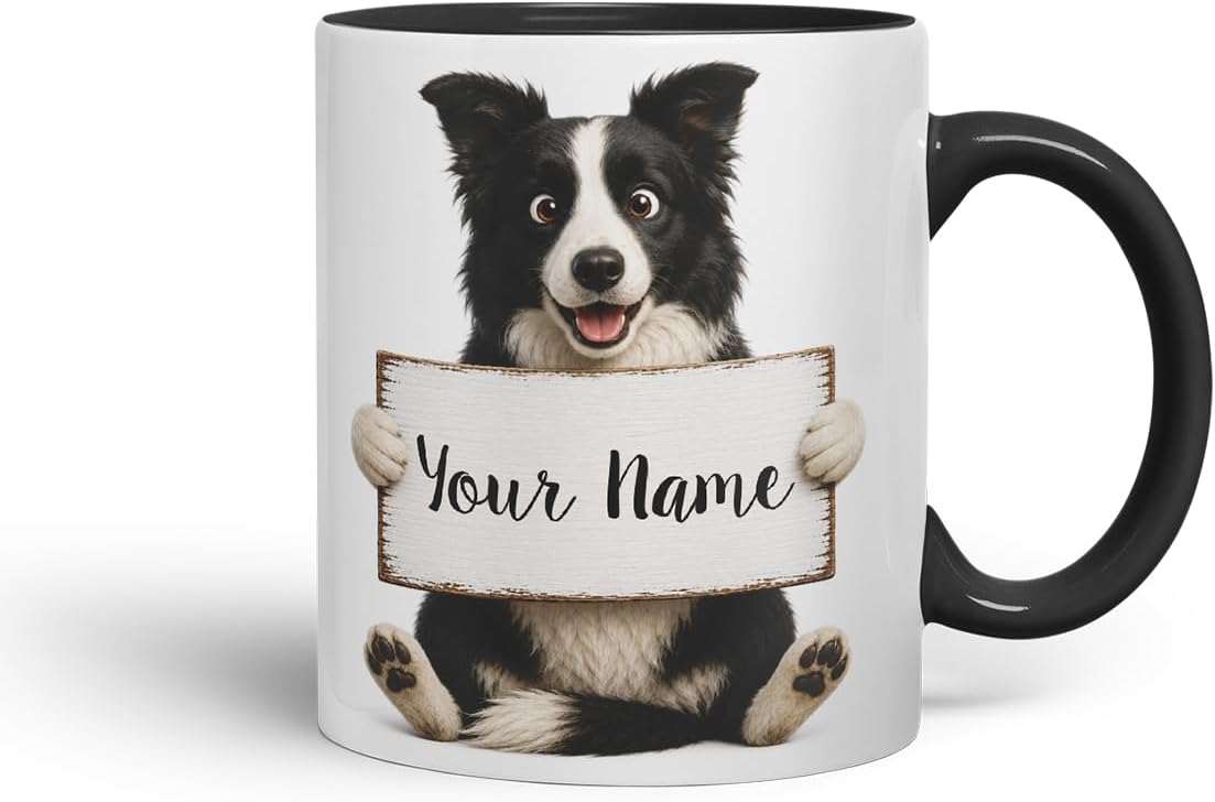 Vixar Personalised Border Collie Mug with Name or Custom Message – Cute Animal Coloured Ceramic Mug Cup Gift, 11oz (Black)