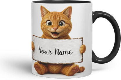 Vixar Personalised Ginger Cat Mug with Name or Custom Message – Cute Animal Coloured Ceramic Mug Cup Gift, 11oz (Black)