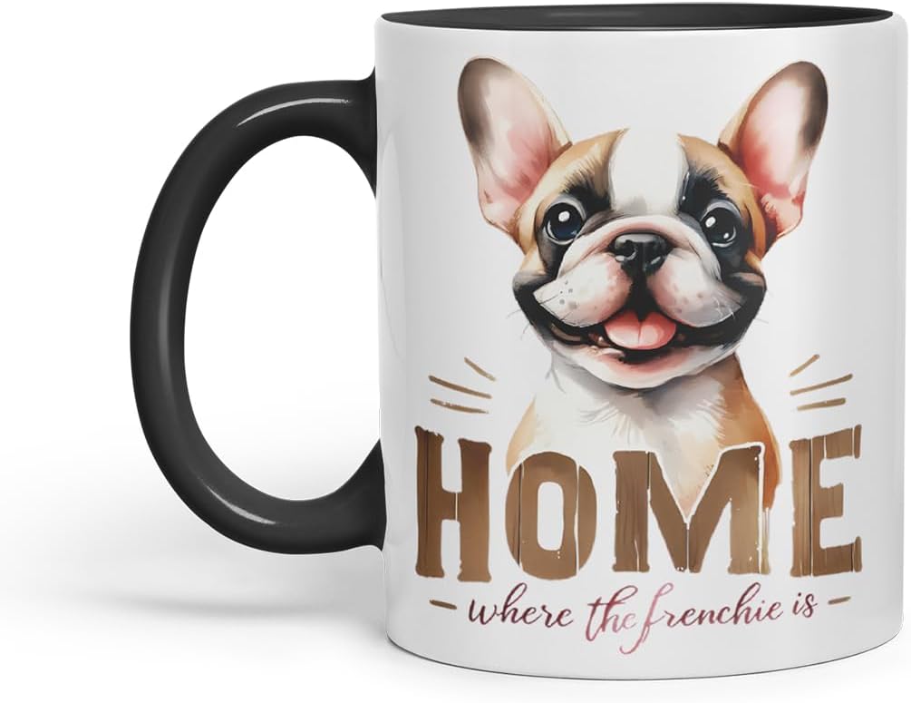 Vixar Home is Where The Frenchie is French Bulldog Mug – Coloured Ceramic Mug Cup Gift, 11oz (Black)