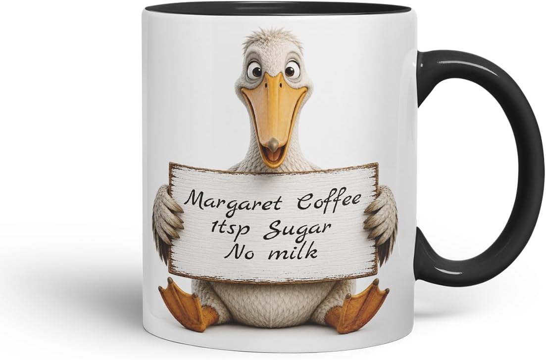 Vixar Personalised Pelican Mug with Name or Custom Message – Cute Animal Coloured Ceramic Mug Cup Gift, 11oz (Black)